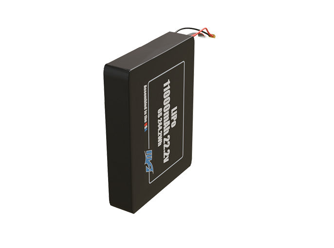 Side-angle render of a 22.2-volt 11000mAh lithium-polymer side by side battery, assembled in the USA for compact UAV, drone, and military robotics platforms.