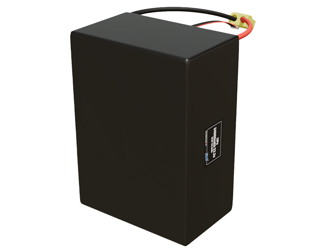 Side-angle render of a 22.2-volt 34000mAh lithium-polymer battery, assembled in the USA for compact UAV, drone, and military robotics platforms.