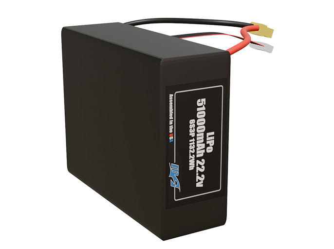 Side-angle render of a 22.2-volt 51000mAh lithium-polymer battery, assembled in the USA for compact UAV, drone, and military robotics platforms.