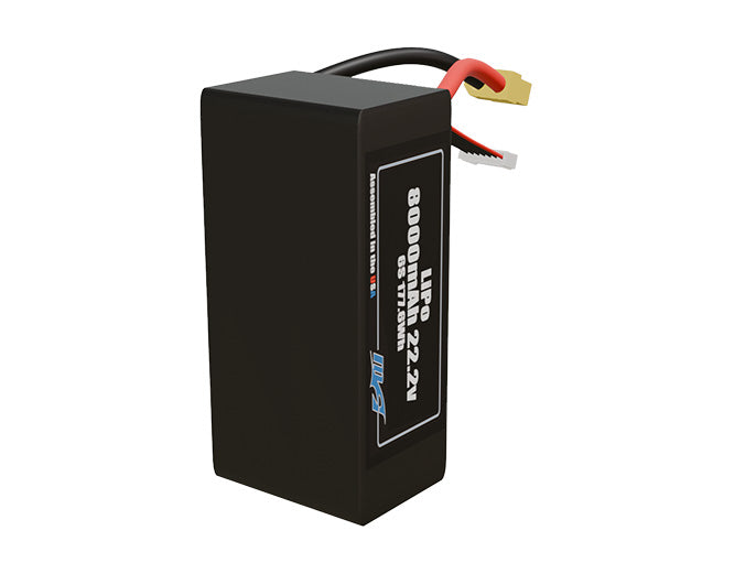 Side-angle render of a 22.2-volt 8000mAh lite lithium-polymer battery, assembled in the USA for compact UAV, drone, and military robotics platforms.