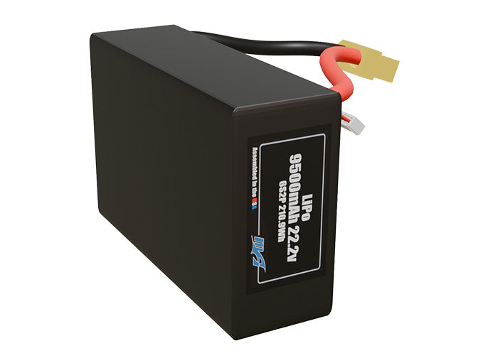 Side-angle render of a 22.2-volt 9500mAh lithium-polymer battery, assembled in the USA for compact UAV, drone, and military robotics platforms.