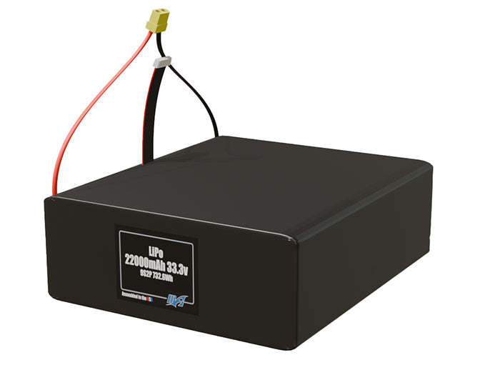 Angled product render of the 22000mAh 18-cell LiPo pack. A lightweight energy source for UAV, drone, and robotic builds.