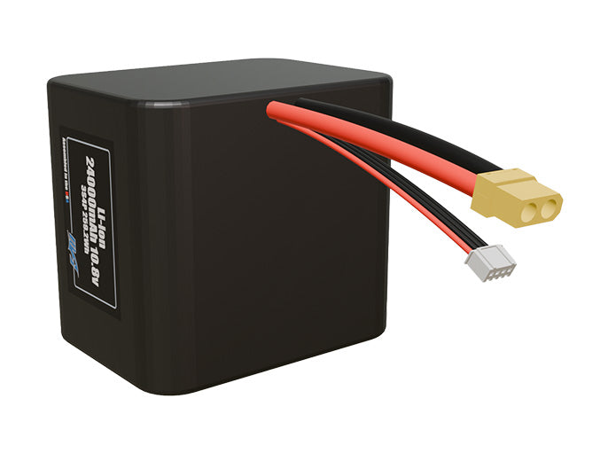 Angled product render of the 24000mAh 12-cell Lithium-ion pack. A lightweight energy source for UAV, drone, and robotic builds.