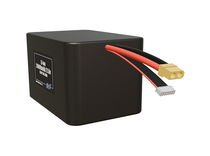 Angled product render of the 24000mAh 24-cell Lithium-ion pack. A lightweight energy source for UAV, drone, and robotic builds.