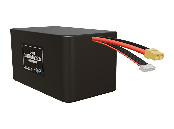 Angled product render of the 24000mAh 28-cell Lithium-ion pack. A lightweight energy source for UAV, drone, and robotic builds.