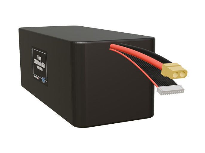 Angled product render of the 24000mAh 40-cell Lithium-ion pack. A lightweight energy source for UAV, drone, and robotic builds.
