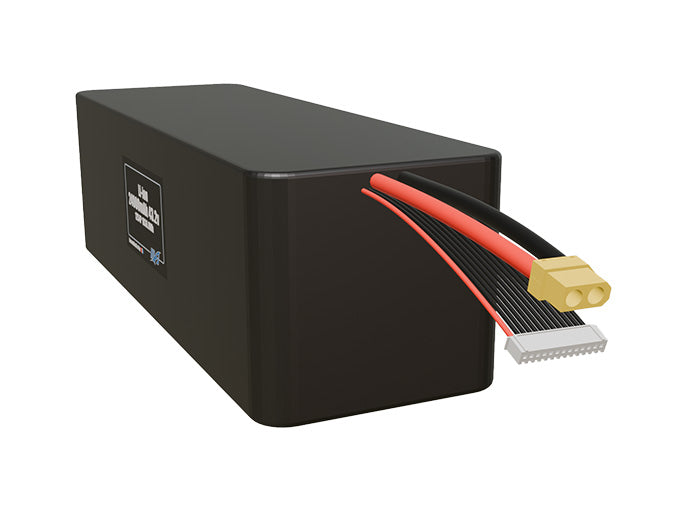 Angled product render of the 24000mAh 48-cell Lithium-ion pack. A lightweight energy source for UAV, drone, and robotic builds.