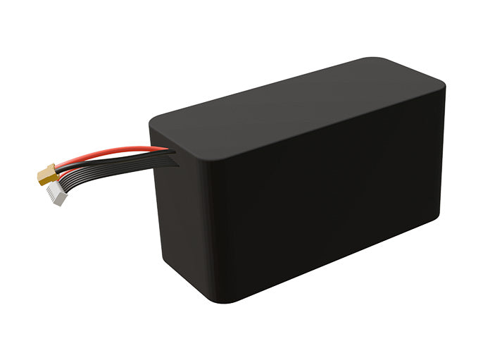 Side-angle render of a 25.2-volt 10500mAh lithium-ion battery, assembled in the USA for compact UAV, drone, and military robotics platforms.