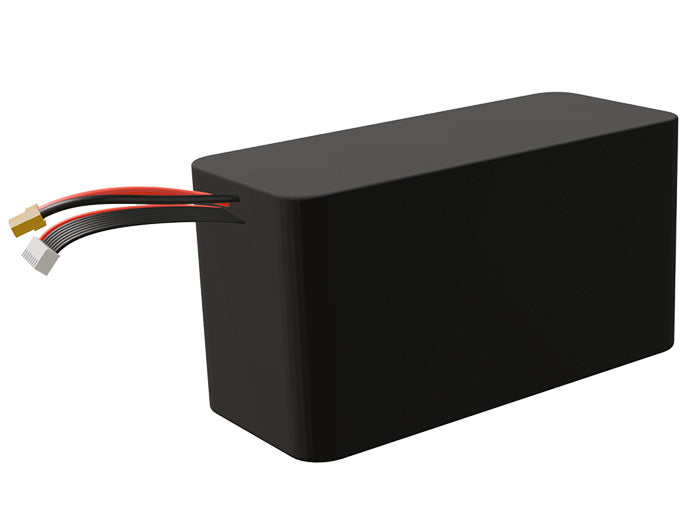 Side-angle render of a 25.2-volt 15000mAh lithium-ion battery, assembled in the USA for compact UAV, drone, and military robotics platforms.