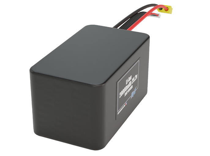 Side-angle render of a 25.2-volt 20000mAh lithium-ion battery, assembled in the USA for compact UAV, drone, and military robotics platforms.