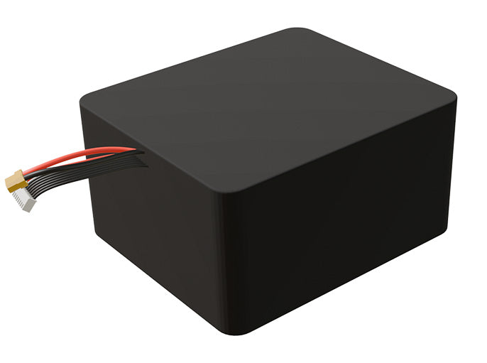 Side-angle render of a 25.2-volt 30000mAh lithium-ion battery, assembled in the USA for compact UAV, drone, and military robotics platforms.