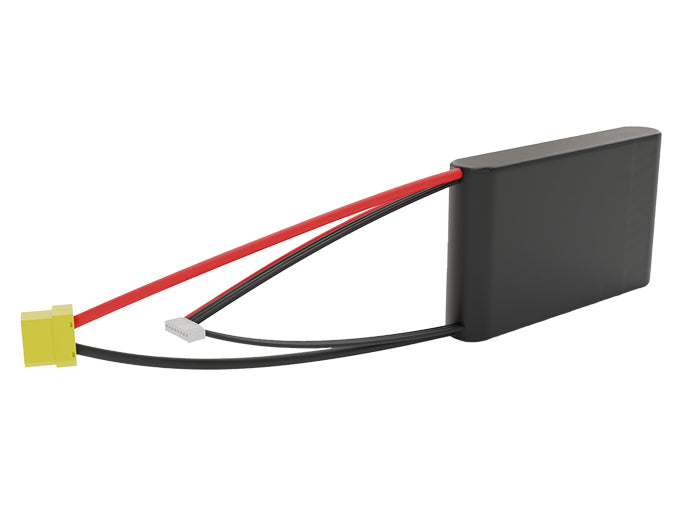 Side-angle render of a 25.2-volt 3500mAh lithium-ion battery, assembled in the USA for compact UAV, drone, and military robotics platforms.