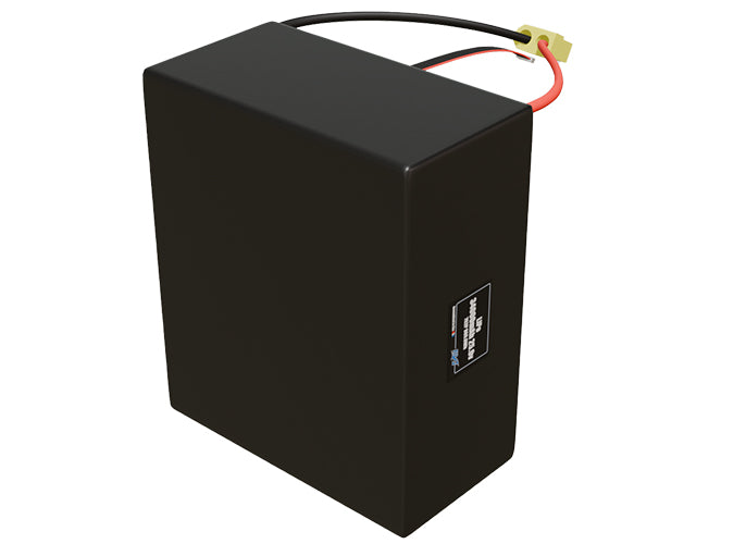 Side-angle render of a 25.9-volt 34000mAh lithium-polymer battery, assembled in the USA for compact UAV, drone, and military robotics platforms.