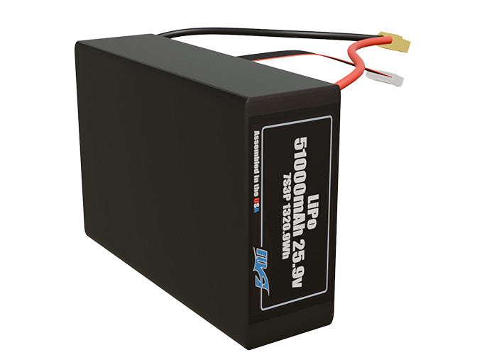 Side-angle render of a 25.9-volt 51000mAh lithium-polymer battery, assembled in the USA for compact UAV, drone, and military robotics platforms.