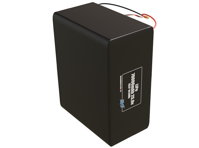 Side-angle render of a 25.9-volt 70000mAh lithium-polymer battery, assembled in the USA for compact UAV, drone, and military robotics platforms.