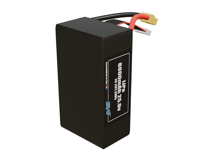 Side-angle render of a 25.9-volt 8000mAh lite lithium-polymer battery, assembled in the USA for compact UAV, drone, and military robotics platforms.