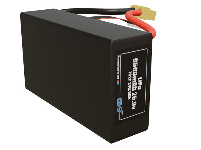 Side-angle render of a 25.9-volt 9500mAh lithium-polymer battery, assembled in the USA for compact UAV, drone, and military robotics platforms.