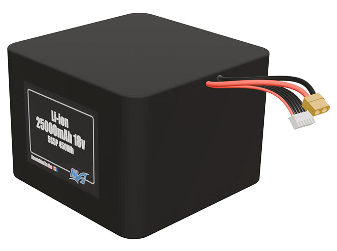 Angled product render of the 25000mAh 25-cell Lithium-ion pack. A lightweight energy source for UAV, drone, and robotic builds.