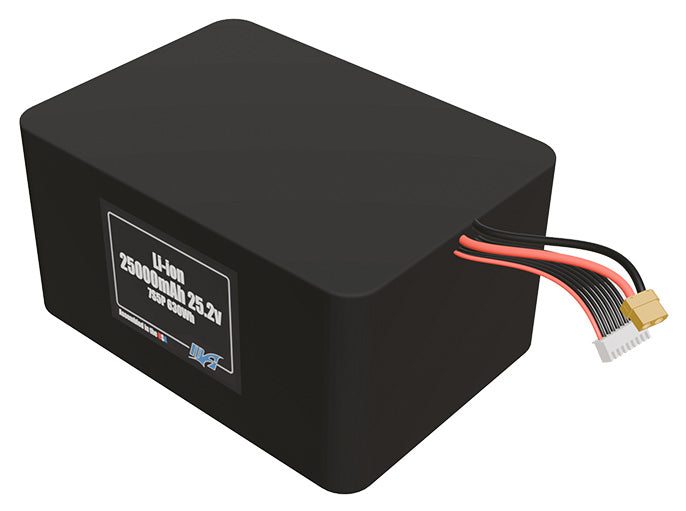 Angled product render of the 25000mAh 35-cell Lithium-ion pack. A lightweight energy source for UAV, drone, and robotic builds.