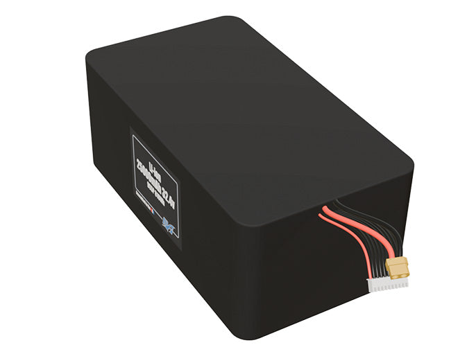 Angled product render of the 25000mAh 45-cell Lithium-ion pack. A lightweight energy source for UAV, drone, and robotic builds.
