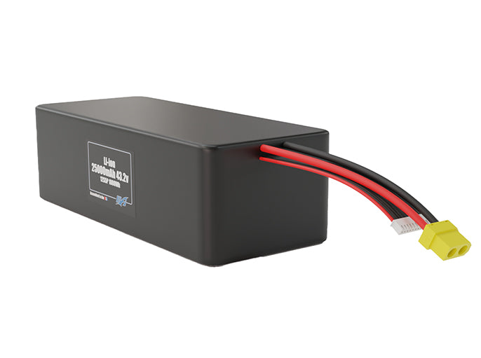 Angled product render of the 25000mAh 60-cell Lithium-ion pack. A lightweight energy source for UAV, drone, and robotic builds.