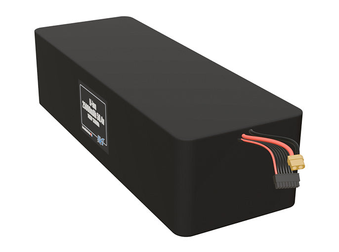 Angled product render of the 25000mAh 70-cell Lithium-ion pack. A lightweight energy source for UAV, drone, and robotic builds.