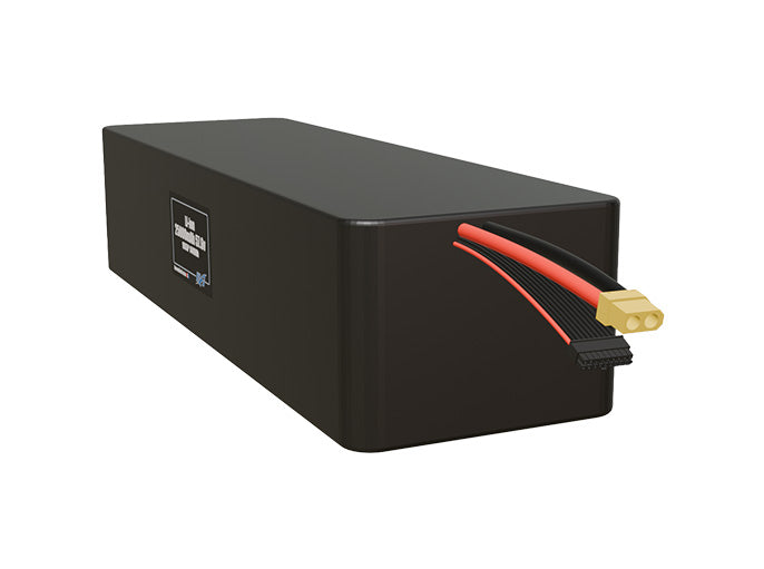 Angled product render of the 25000mAh 80-cell Lithium-ion pack. A lightweight energy source for UAV, drone, and robotic builds.