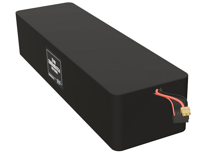 Angled product render of the 25000mAh 105-cell Lithium-ion pack. A lightweight energy source for UAV, drone, and robotic builds.