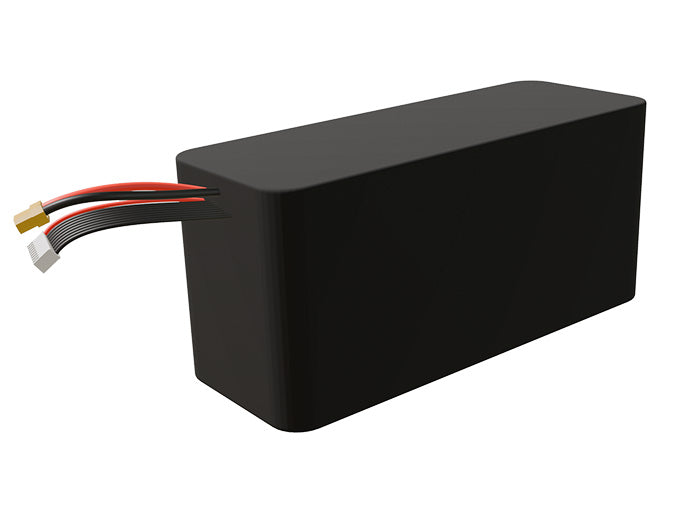 Side-angle render of a 28.8-volt 15000mAh lithium-ion battery, assembled in the USA for compact UAV, drone, and military robotics platforms.