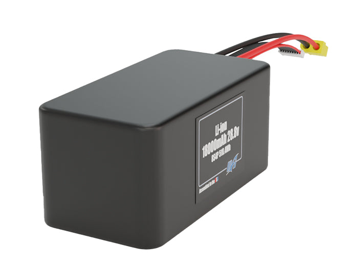 Side-angle render of a 28.8-volt 18000mAh lithium-ion battery, assembled in the USA for compact UAV, drone, and military robotics platforms.