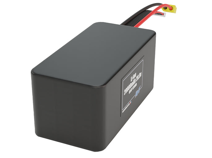 Side-angle render of a 28.8-volt 20000mAh lithium-ion battery, assembled in the USA for compact UAV, drone, and military robotics platforms.