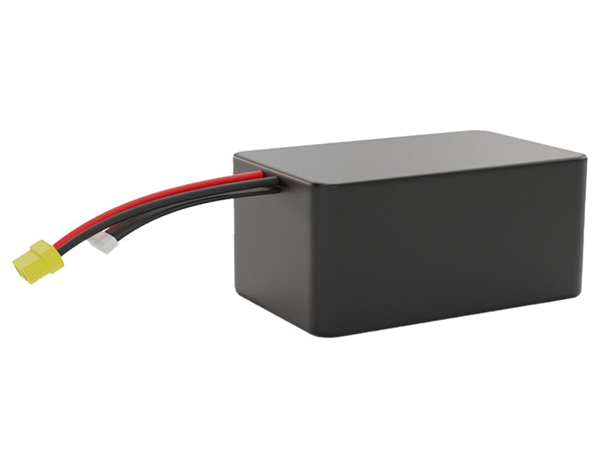 Side-angle render of a 28.8-volt 25000mAh lithium-ion battery, assembled in the USA for compact UAV, drone, and military robotics platforms.