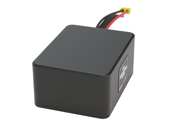 Side-angle render of a 28.8-volt 30000mAh lithium-ion battery, assembled in the USA for compact UAV, drone, and military robotics platforms.