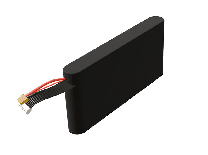 Side-angle render of a 28.8-volt 4500mAh lithium-ion battery, assembled in the USA for compact UAV, drone, and military robotics platforms.