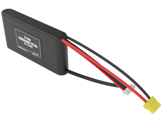 Side-angle render of a 28.8-volt 6000mAh lithium-ion battery, assembled in the USA for compact UAV, drone, and military robotics platforms.