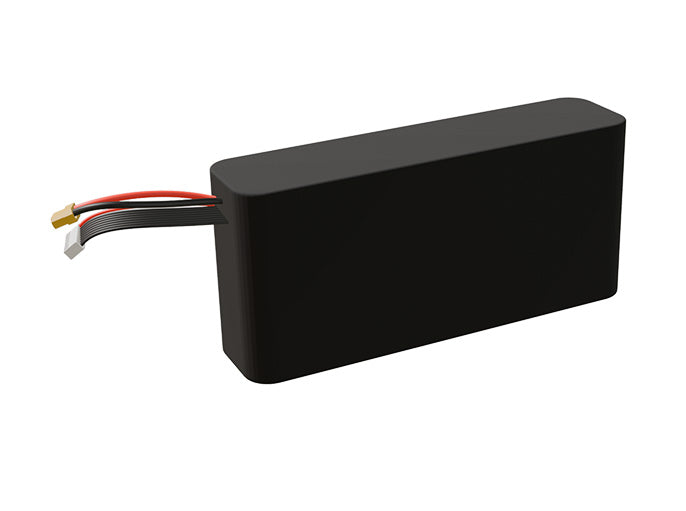 Side-angle render of a 28.8-volt 9000mAh lithium-ion battery, assembled in the USA for compact UAV, drone, and military robotics platforms.