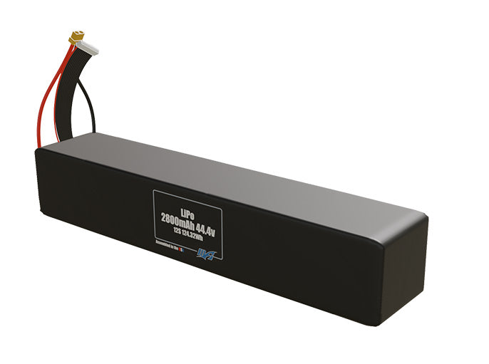 Angled product render of the 2800mAh 12-cell LiPo pack. A lightweight energy source for UAV, drone, and robotic builds.