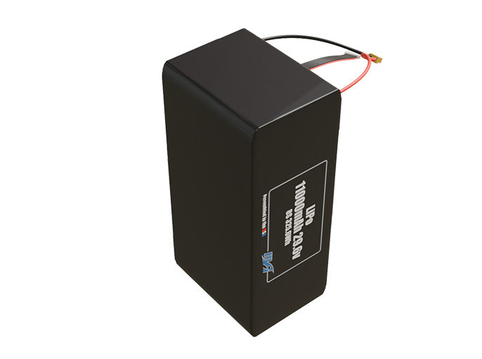 Side-angle render of a 29.6-volt 11000mAh lithium-polymer battery, assembled in the USA for compact UAV, drone, and military robotics platforms.