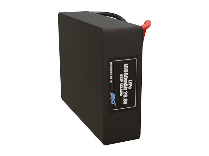 Side-angle render of a 29.6-volt 16000mAh lithium-polymer battery, assembled in the USA for compact UAV, drone, and military robotics platforms.