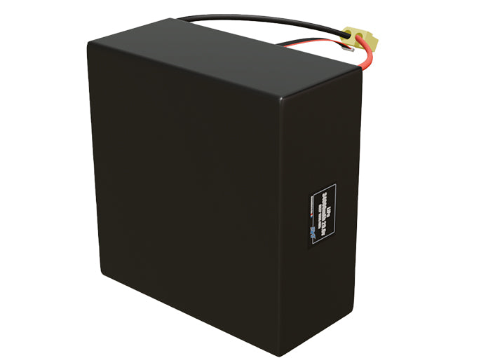Side-angle render of a 29.6-volt 34000mAh lithium-polymer battery, assembled in the USA for compact UAV, drone, and military robotics platforms.