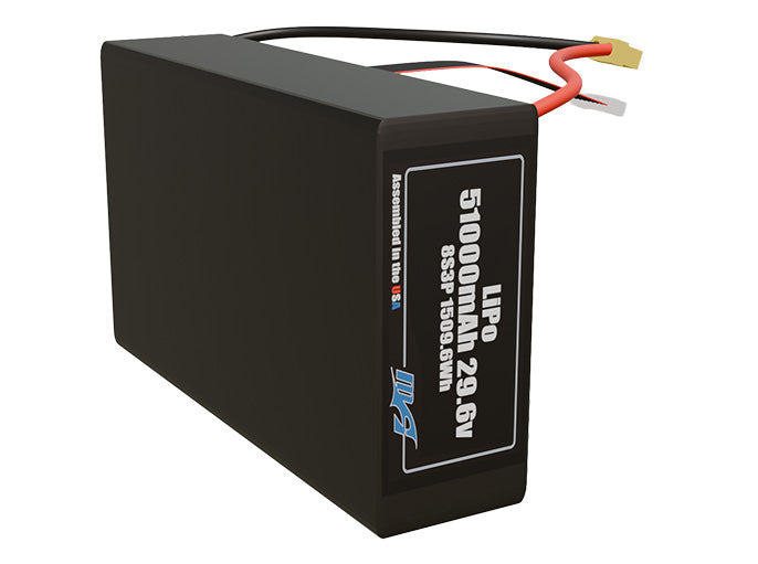 Side-angle render of a 29.6-volt 51000mAh lithium-polymer battery, assembled in the USA for compact UAV, drone, and military robotics platforms.