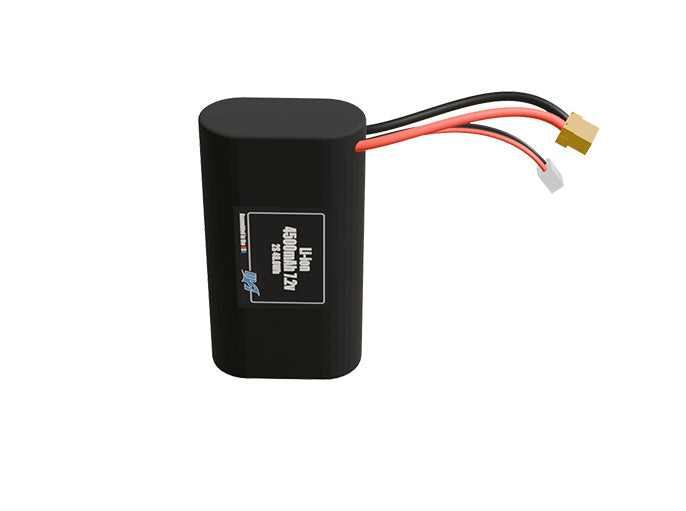 Front-facing render of the 7.2V 4500mAh 2S Li-ion battery, assembled in the USA by maxamps, for drone and robotics applications.