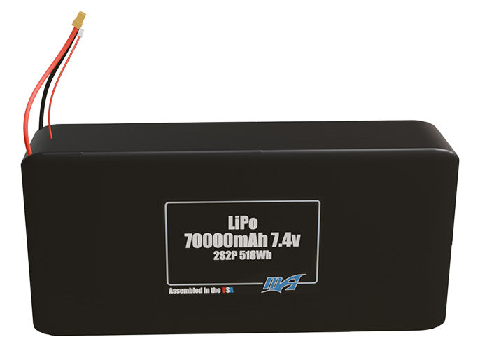 Front-facing render of the 7.4V 70000mAh 2S2P LiPo battery, assembled in the USA by maxamps, for drone and robotics applications.