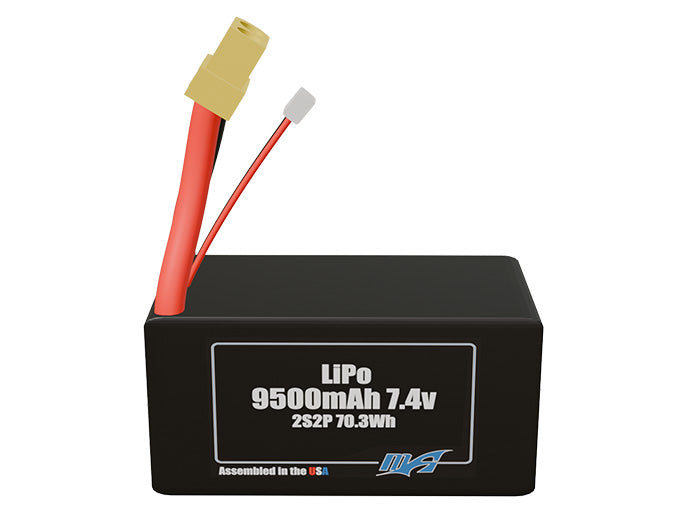 Front-facing render of the 7.4V 9500mAh 2S2P LiPo battery, assembled in the USA by maxamps, for drone and robotics applications.