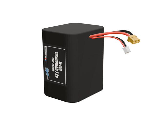 Front-facing render of the 7.2V 10500mAh 2S3P Li-ion battery, assembled in the USA by maxamps, for drone and robotics applications.