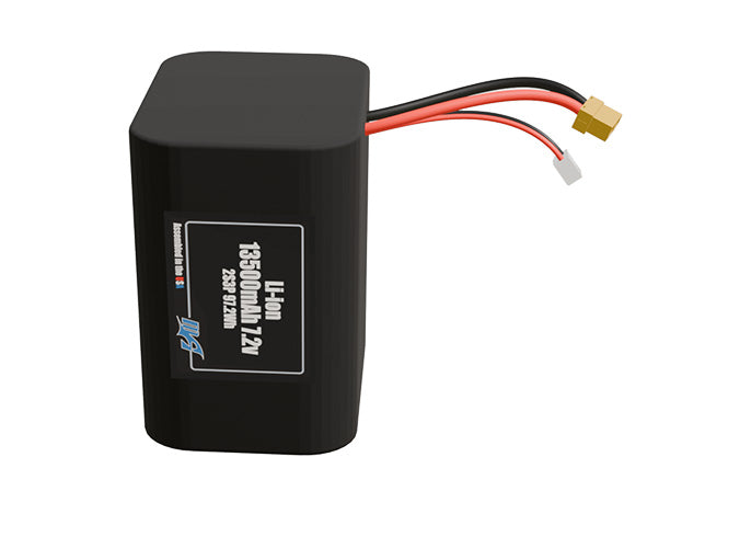Front-facing render of the 7.2V 13500mAh 2S3P Lithium-Ion battery, assembled in the USA by maxamps, for drone and robotics applications.