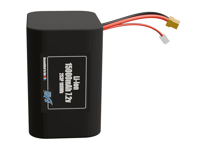 Front-facing render of the 7.2V 15000mAh 2S3P Lithium-Ion battery, assembled in the USA by maxamps, for drone and robotics applications.