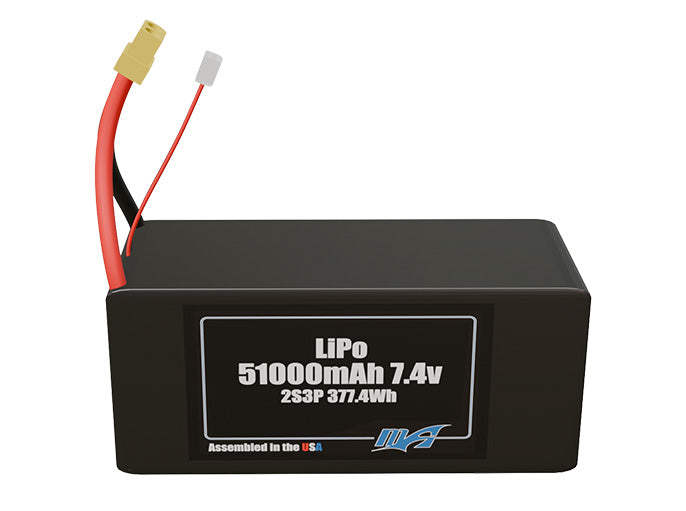 Front-facing render of the 7.4V 51000mAh 2S3P LiPo battery, assembled in the USA by maxamps, for drone and robotics applications.