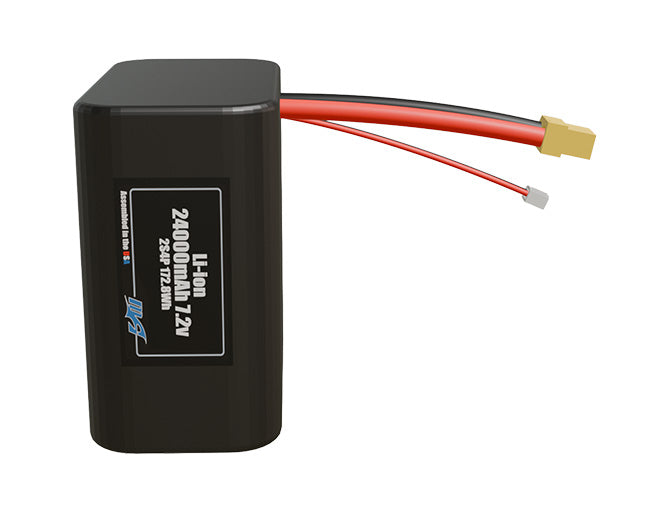 Front-facing render of the 7.2V 24000mAh 2S4P Lithium-Ion battery, assembled in the USA by maxamps, for drone and robotics applications.