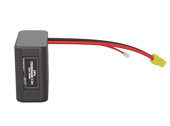 Front-facing render of the 7.2V 25000mAh 2S5P Lithium-Ion battery, assembled in the USA by maxamps, for drone and robotics applications.